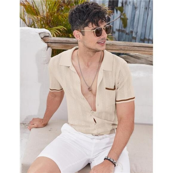 Men's Short Sleeve Knit Shirts Vintage Button Down Polo Shirt Casual Beach Top - Picture 3 of 7